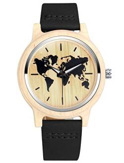 SUPBRO Holzuhren Herren & Damen Unisex Holzuhr Holz-Armbanduhr Analoge Quarzwerk Uhren Armband Weltkarte von SUPBRO