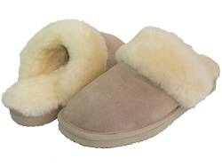 Lammfell Hausschuhe Slipper Damen Lammfell Pantoffeln Hüttenschuhe Sand beige mit beigen Australischen Lammfell, mit Fester Sohle - sehr warm, 37 EU, Sand Beige von SUPER s6x