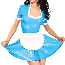 SUPERCH Lake Blue und White Sexy French Maid Latex Kleider mit Schürze Reißverschluss am Rücken Puffs Short Sleeves Rubber Uniform -3XL von SUPERCH