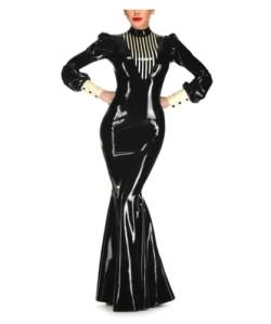 SUPERCH Naturlatex Kleidung Damen Langes Kleid Abendkleid Langarm Puffärmel Slim Fit Eng Gediegenes   Temperament Maßgeschneidert Schwarz von SUPERCH