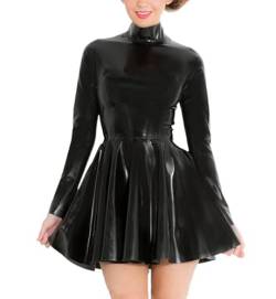 SUPERCH Skater-Minikleid für Damen aus schwarzem Gummilatex mit Stehkragen von SUPERCH