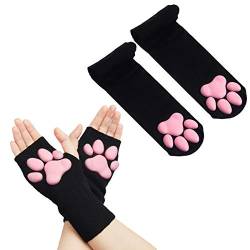 Overknee-Strümpfe und lange, fingerlose Handschuhe mit Katzenpfoten, niedlich, weich, 3D-Katzenpfote, für Mädchen und Damen, Lolita-Cosplay-Set, Schwarze Socken und kurze Handschuhe von SUPTEC