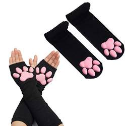 Overknee-Strümpfe und lange, fingerlose Handschuhe mit Katzenpfoten, niedlich, weich, 3D-Katzenpfote, für Mädchen und Damen, Lolita-Cosplay-Set, Schwarze Socken und lange Handschuhe von SUPTEC