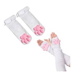 Overknee-Strümpfe und lange, fingerlose Handschuhe mit Katzenpfoten, niedlich, weich, 3D-Katzenpfote, für Mädchen und Damen, Lolita-Cosplay-Set, Weiße Socken und lange Handschuhe von SUPTEC