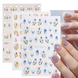 SURALIN 6PCS Nail Art Stickers, Nagelsticker Selbstklebend Blaue Rosa Tulpen DIY Nagel Aufkleber Sticker,Sticker für Nägel von SURALIN