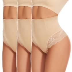 SURE YOU LIKE Bauchweg Unterhose Damen Mittle Taille Mieder String Shapewear Tanga Seamless Figurformende Shaping Unterwäsche, Beige+Beige+Beige, 3pcs, S von SURE YOU LIKE