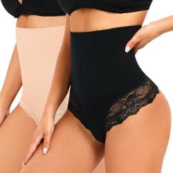 SURE YOU LIKE Damen Bauchweg Unterhose Hohe Taille Mieder String Shapewear Tanga Seamless Figurformende Shaping Unterwäsche, Beige+Schwarz, L von SURE YOU LIKE