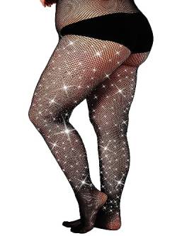 SUREPOCH Glitzer Strass Netzstrumpfhose Übergröße Strumpfhosen Damen Elastisch Hohe Taille von SUREPOCH