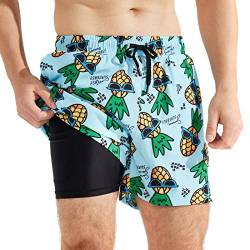 SURFEASY Badehose Herren mit Kompression Badehose mit innenhose Board Shorts 2 in 1 kurz Badehose(Ananas,M) von SURFEASY