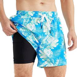 SURFEASY Badehose Herren mit Kompression Badehose mit innenhose Board Shorts 2 in 1 kurz Badehose(Blaues Blatt,XL) von SURFEASY