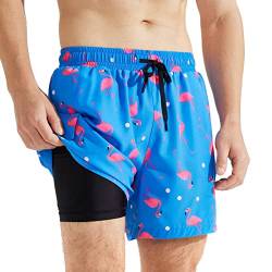 SURFEASY Badehose Herren mit Kompression Badehose mit innenhose Board Shorts 2 in 1 kurz Badehose(Flamingo,XL) von SURFEASY