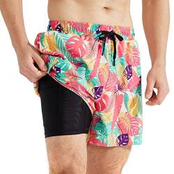 SURFEASY Badehose Herren mit Kompression Badehose mit innenhose Board Shorts 2 in 1 kurz Badehose(Gelbes Blatt,L) von SURFEASY