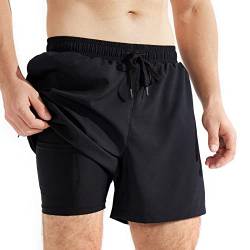 SURFEASY Badehose Herren mit Kompression Badehose mit innenhose Board Shorts 2 in 1 kurz Badehose(Schwarz,L) von SURFEASY