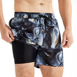 SURFEASY Badehose Herren mit Kompression Badehose mit innenhose Board Shorts 2 in 1 kurz Badehose(Schwarze Textur,3XL) von SURFEASY