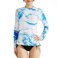 SURFEASY Damen Rash Guard Langarm Sonnenschutz Schnelltrocknend Badeshirt Surf Shirt Schwimmen Bademode(Blaue Textur,L) von SURFEASY