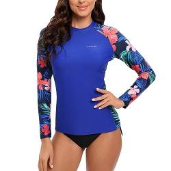 SURFEASY Damen Rash Guard Langarm Sonnenschutz Schnelltrocknend Badeshirt Surf Shirt Schwimmen Bademode(Königsblaue Pflanze,2XL) von SURFEASY