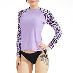 SURFEASY Damen Rash Guard Langarm Sonnenschutz Schnelltrocknend Badeshirt Surf Shirt Schwimmen Bademode(Lila Leoparden Muster,S) von SURFEASY