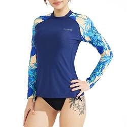 SURFEASY Damen Rash Guard Langarm Sonnenschutz Schnelltrocknend Badeshirt Surf Shirt Schwimmen Bademode(Marineblau Blätter,2XL) von SURFEASY