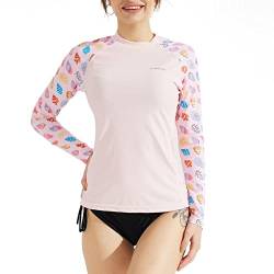 SURFEASY Damen Rash Guard Langarm Sonnenschutz Schnelltrocknend Badeshirt Surf Shirt Schwimmen Bademode(Rosa Muscheln,3XL) von SURFEASY