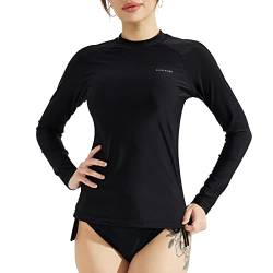 SURFEASY Damen Rash Guard Langarm Sonnenschutz Schnelltrocknend Badeshirt Surf Shirt Schwimmen Bademode(Schwarz,2XL) von SURFEASY