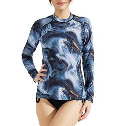 SURFEASY Damen Rash Guard Langarm Sonnenschutz Schnelltrocknend Badeshirt Surf Shirt Schwimmen Bademode(Schwarze Textur,2XL) von SURFEASY