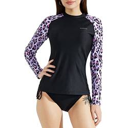 SURFEASY Damen Rash Guard Langarm Sonnenschutz Schnelltrocknend Badeshirt Surf Shirt Schwimmen Bademode(Schwarzer Leoparden Muster,XL) von SURFEASY