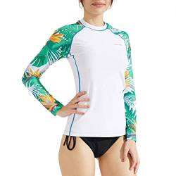 SURFEASY Damen Rash Guard Langarm Sonnenschutz Schnelltrocknend Badeshirt Surf Shirt Schwimmen Bademode(Weiße Blätter,4XL) von SURFEASY