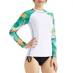 SURFEASY Damen Rash Guard Langarm Sonnenschutz Schnelltrocknend Badeshirt Surf Shirt Schwimmen Bademode(Weiße Blätter,L) von SURFEASY