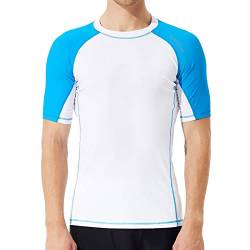 SURFEASY Rash Guard Hemd Kurzarm Schwimmen Surfen Tops Schwimm Shirt Tshirt Herren Schnelltrocknend Badeshirt(Weiß/Königsblau,M) von SURFEASY