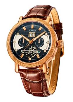 Armbanduhr Designer automatische Armbanduhr für Männer Weltzeit 18k Gelbes Gold Saphir-Kristalle Mechanische Skelettuhr Echtes Leder Armband (rosa-Gold) von SURVAN WatchDesigner
