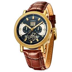 SURVAN Armbanduhr Designer automatische schweizerische Armbanduhr für Männer Weltzeit 18k Gelbes Gold Saphir-Kristalle Mechanische Skelettuhr Echtes Leder Armband (Gold) von SURVAN WatchDesigner