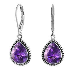 SURYAGEMS Natürlicher Amethyst 925 Sterling Silber Lila Farbe Baumeln Ohrring Birnenform Leverback Lünette Stil Ohrringe Für Frauen Mädchen von SURYAGEMS