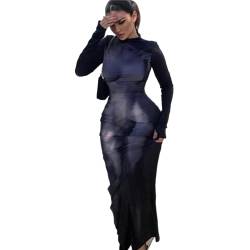 3D-Body-Print-Maxikleid Für Damen, Y2K-Ästhetik, Volle Ärmel, Einzigartige Körperformende Kleidung, Robe, Atemberaubende Damenparty, Clubwear,Schwarz,L von SUSHRUTA