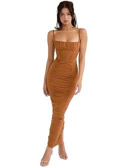 SUSHRUTA Elegantes Korsett Gerafftes Maxikleid Für Damen, Modisch, Spaghettiträger, Ärmellos, Rückenfrei, Reißverschluss, Langes Kleid,Braun,S von SUSHRUTA