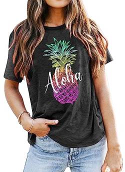 Ananas-T-Shirt für Damen, Aloha-Strände, hawaiianische Hemden, Urlaub, T-Shirts mit Rundhalsausschnitt, Grau, XXL von SUWATOIN
