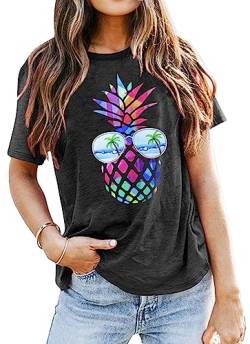 Damen Ananas-Sonnenbrille, T-Shirt, Aloha, Strände, Hawaii-Shirt, Urlaub, Rundhalsausschnitt, Grau (1), Small von SUWATOIN