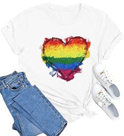 Pride Shirt Damen Regenbogen Herz Drucken Kurze Ärmel T Shirt LGBTQ Gay Pride Month Tops Lesbischen T-Shirts von SUWATOIN