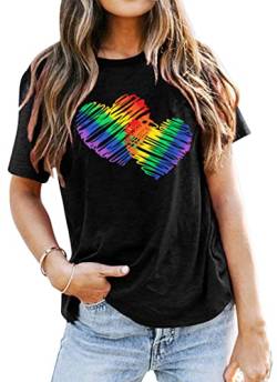 SUWATOIN Gay Pride Regenbogen Herz Shirt LGBT Pride Month T-Shirt Lesben Rundhals Kurzarm, Schwarz , X-Large von SUWATOIN