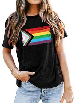 SUWATOIN Pride T-Shirts für Frauen Inklusive Progress Pride Flag T-Shirt LGBTQ Regenbogen Kurzarm T-Shirt, schwarz 1, XXL von SUWATOIN