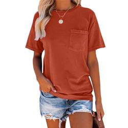 T-Shirts für Damen, kurzärmelig, Rundhalsausschnitt, Basic, Sommer-T-Shirt, Tops mit Tasche, lässig, locker sitzende Bluse, Orange, XXL von SUWATOIN