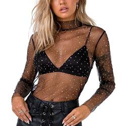 Damen-Perlen-Mesh-Sheer-Crop-Top Perlen-Strass-Glitzer-Pailletten-Bluse für Rave-Festival-Tanz-Clubwear von SUYGGCK