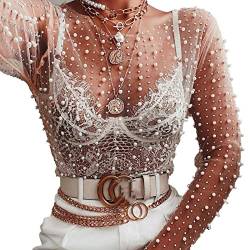 Damen-Perlen-Mesh-Sheer-Crop-Top Perlen-Strass-Glitzer-Pailletten-Bluse für Rave-Festival-Tanz-Clubwear von SUYGGCK