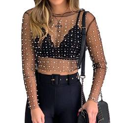 Damen-Perlen-Mesh-Sheer-Crop-Top Perlen-Strass-Glitzer-Pailletten-Bluse für Rave-Festival-Tanz-Clubwear von SUYGGCK