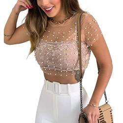 Damen-Perlen-Mesh-Sheer-Crop-Top Perlen-Strass-Glitzer-Pailletten-Bluse für Rave-Festival-Tanz-Clubwear von SUYGGCK