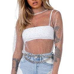 Damen-Perlen-Mesh-Sheer-Crop-Top Perlen-Strass-Glitzer-Pailletten-Bluse für Rave-Festival-Tanz-Clubwear von SUYGGCK