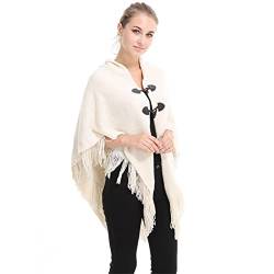 Damen Poncho Schal Strick Cape, Vorne Offener Cardigan, Leichten Gestrickten Fransen und Knöpfen von SUZALA