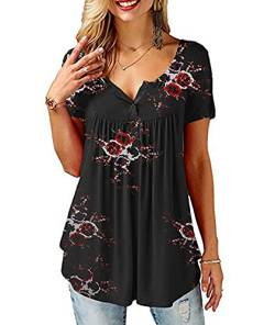 SWAGSTS Damen T Shirt Sommer Rundhals Kurzarm Lose Knopfleiste Bluse Casual Gedruckt Tunika Tops (L, Schwarz) von SWAGSTS