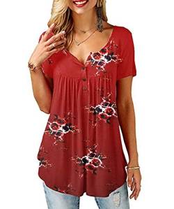 SWAGSTS Damen T Shirt Sommer Rundhals Kurzarm Lose Knopfleiste Bluse Casual Gedruckt Tunika Tops (S, Weinrot) von SWAGSTS