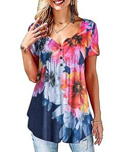 SWAGSTS Tunika Damen Blumen T-Shirt Kurzarm V-Ausschnitt Henley Bedruckt Knopfleiste Locker Bluse Tunika Tops (L, Große Blume) von SWAGSTS