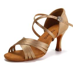 SWDZM Latein Tanzschuhe für Damen Professionelle Tanzschuhe Ballsaal Party Salsa Tanzübung Performance Schuhe,912DB,Beige,Ferse 7cm,Wildledersohle,40EU von SWDZM